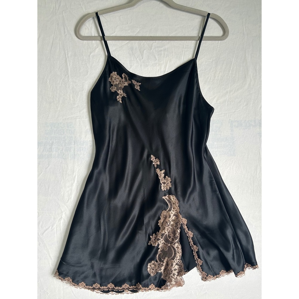 Victorias Secret Black Satin Lace Trim Tie Back Slip Dress/negligee medium